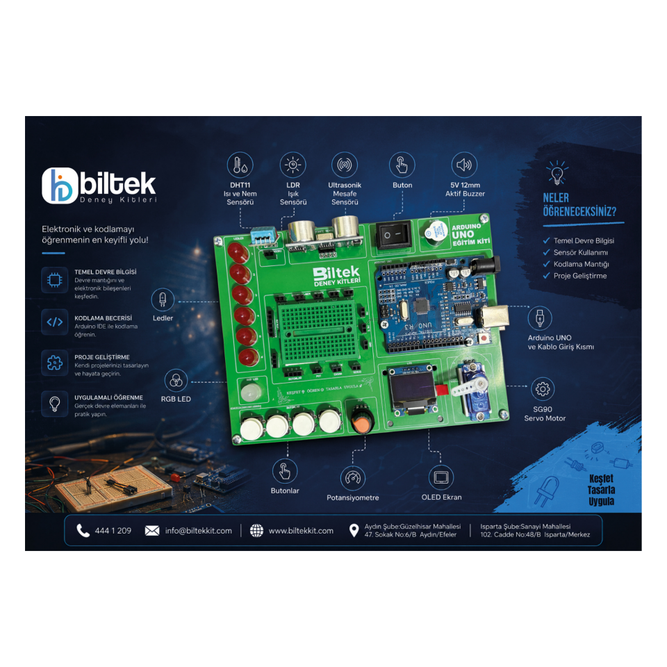 Biltek Arduino Uno Eğitim Deney Kiti – Sensörlü Elektronik ve Kodlama Seti